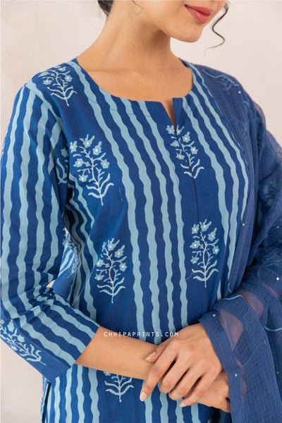 Cotton Buta Stripe Panel Print Kuta Set in Shades of Blue