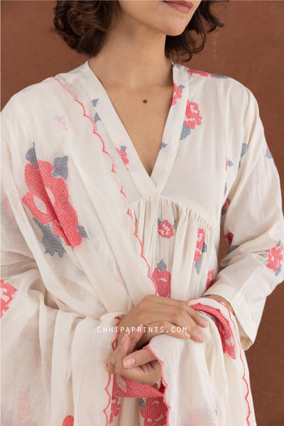 Cotton Rose Flower Embroidery Kurta Set in Shades of Ivory & Pink