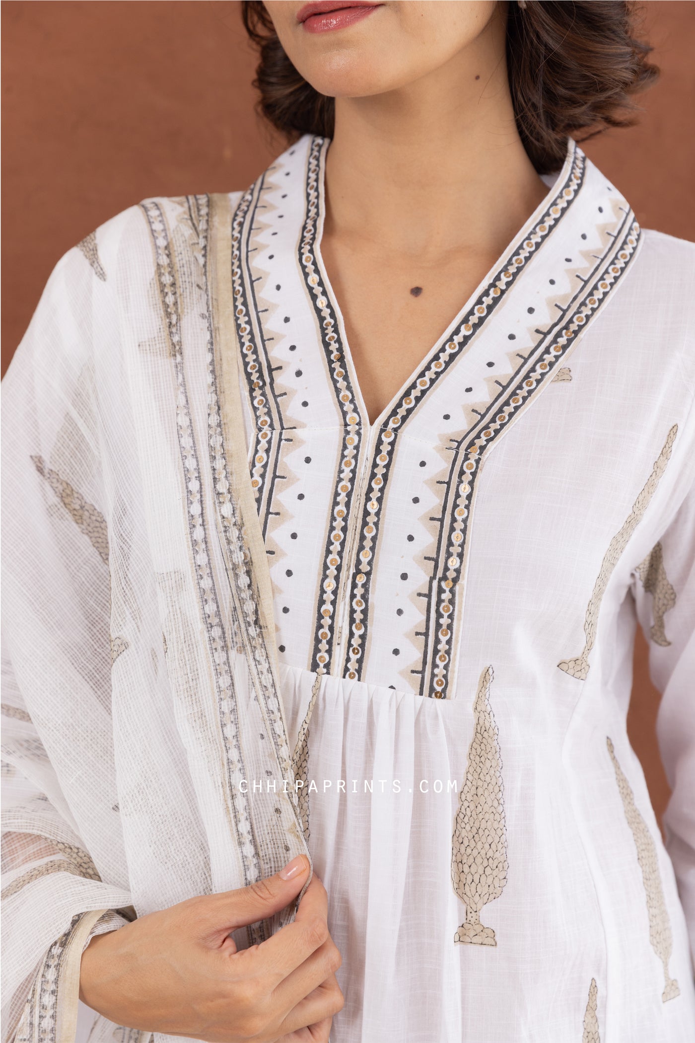 Cotton Block Print Mughal Buta Kurta Set in Mushroom Grey