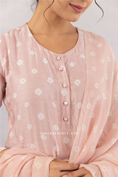 COTTON SILK BANDHANI KURTA SET IN ROSE QUARTZ