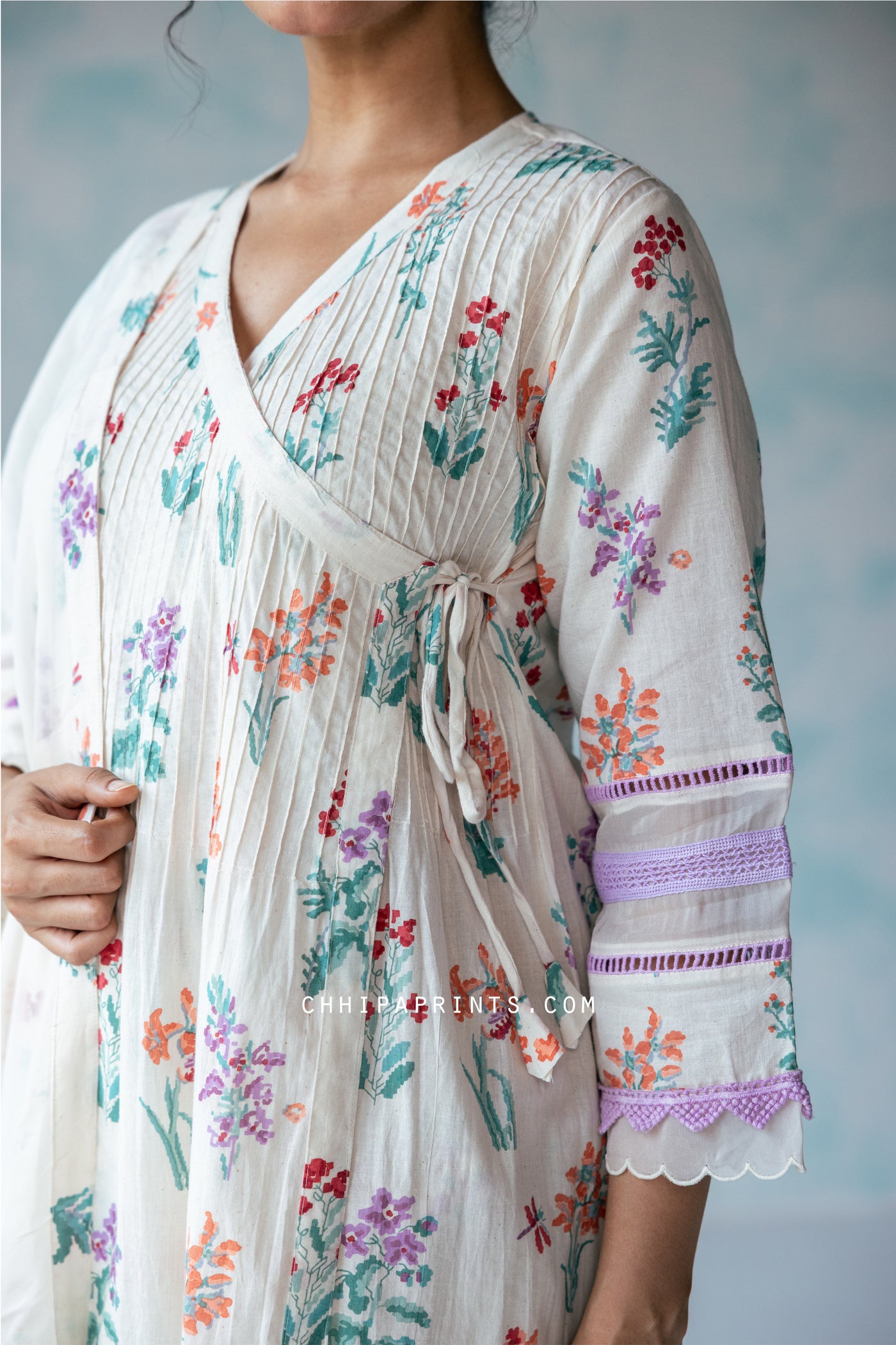 Cotton Hand Printed Floral Angrakha Kurta Set in Shades of Purple & Peach