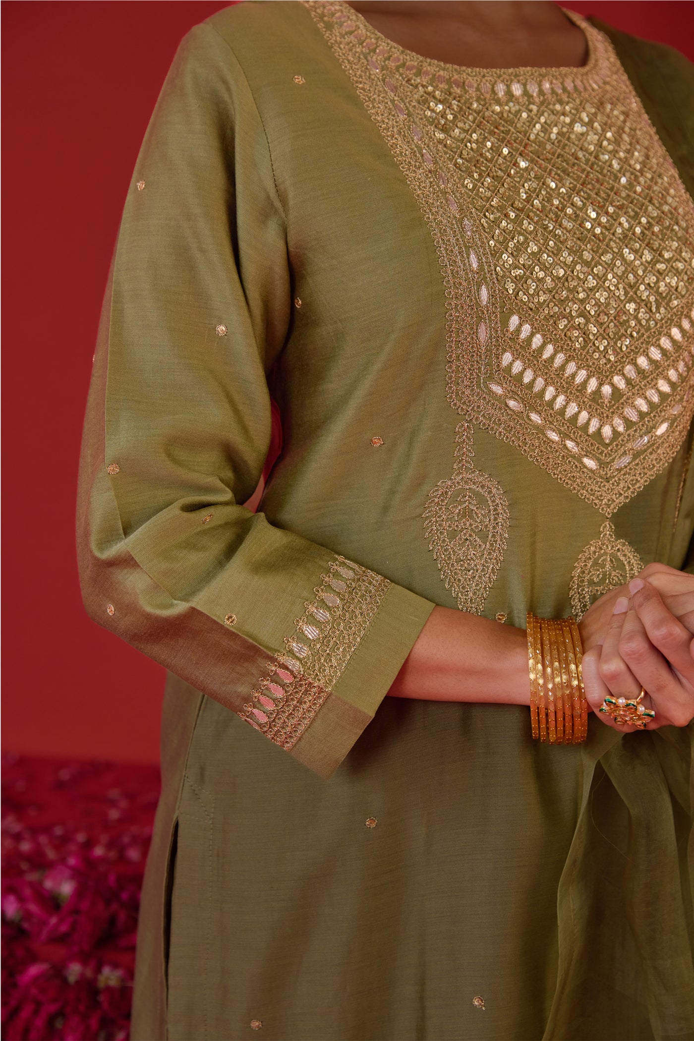 Chanderi Silk Aari Embroidery & Gota Patti Kurta Set in Sage Green