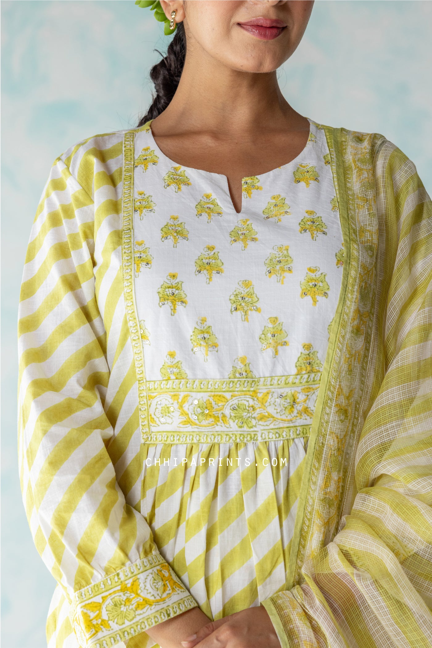 Cotton Hand Block Stripes Print Kurta Set in Lime Green