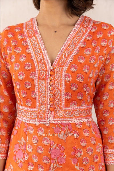 COTTON BLOCK PRINT ANARKALI MAXI DRESS IN VIBRANT ORANGE