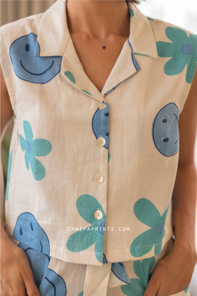 Cotton Smiley Print Co Ord Set in Shades of Blue & Green