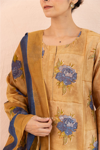 Chanderi Silk Block Print Gud Buta Kurta Set in Bronze Mist