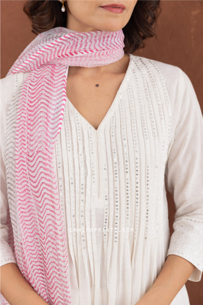 Cotton Hand Block Khari Print Kurta Set in Ivory with Pink Lehariya Dupatta