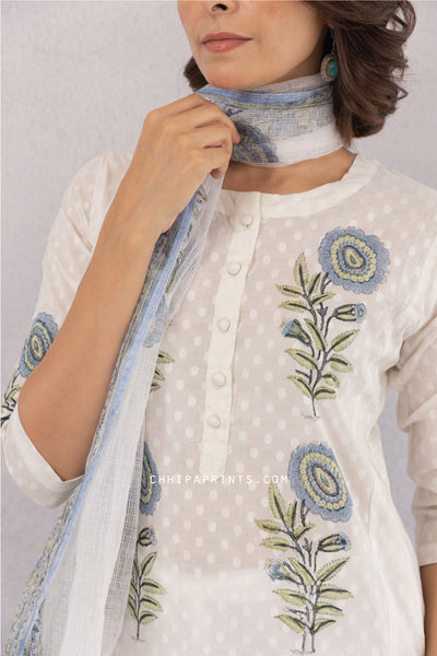 Cotton Dobby Block Print Boota Kurta Set in Powder Blue