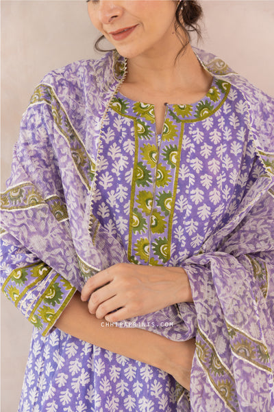 Cotton Block Print Gud Buti Anarkali Kurta Set in Lilac