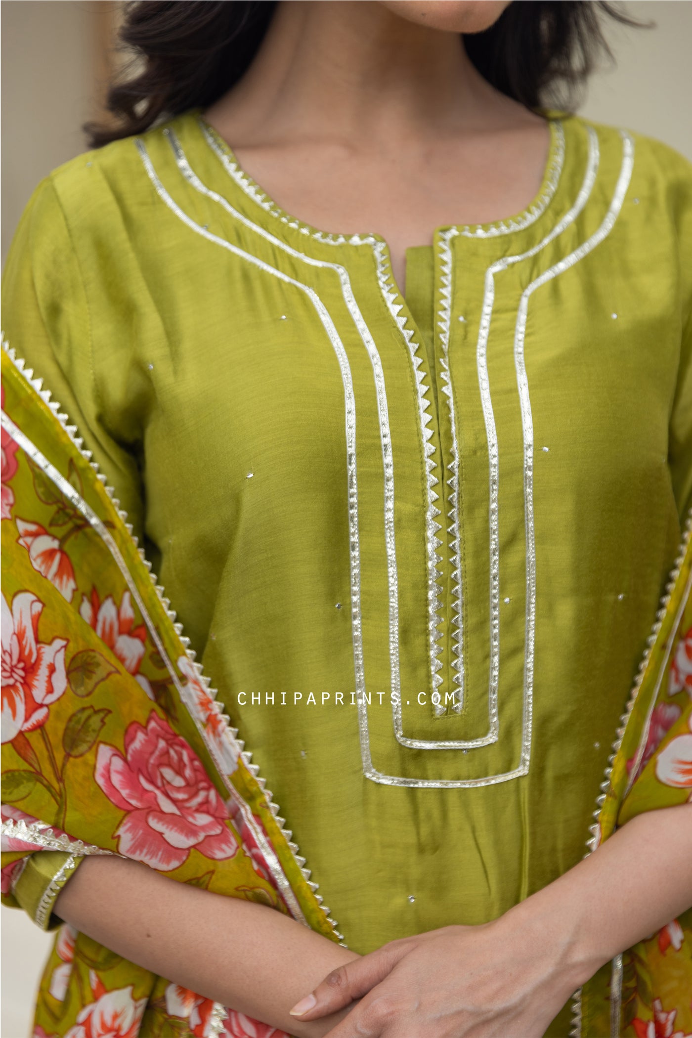 Cotton Silk Plain Dye Mukaish Work Kurta Set in Lime Green