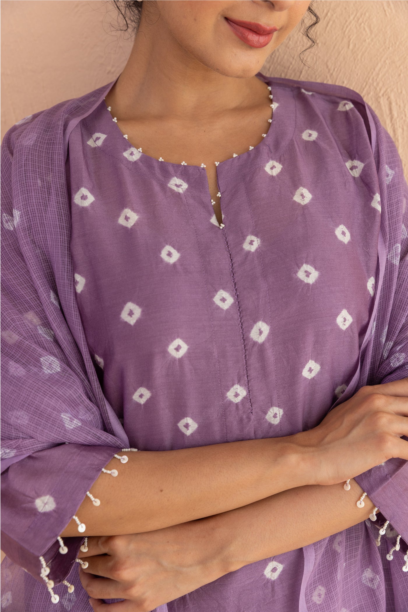 Chanderi Silk Bandhani Kurta Set in Purple Haze (Set of 4)