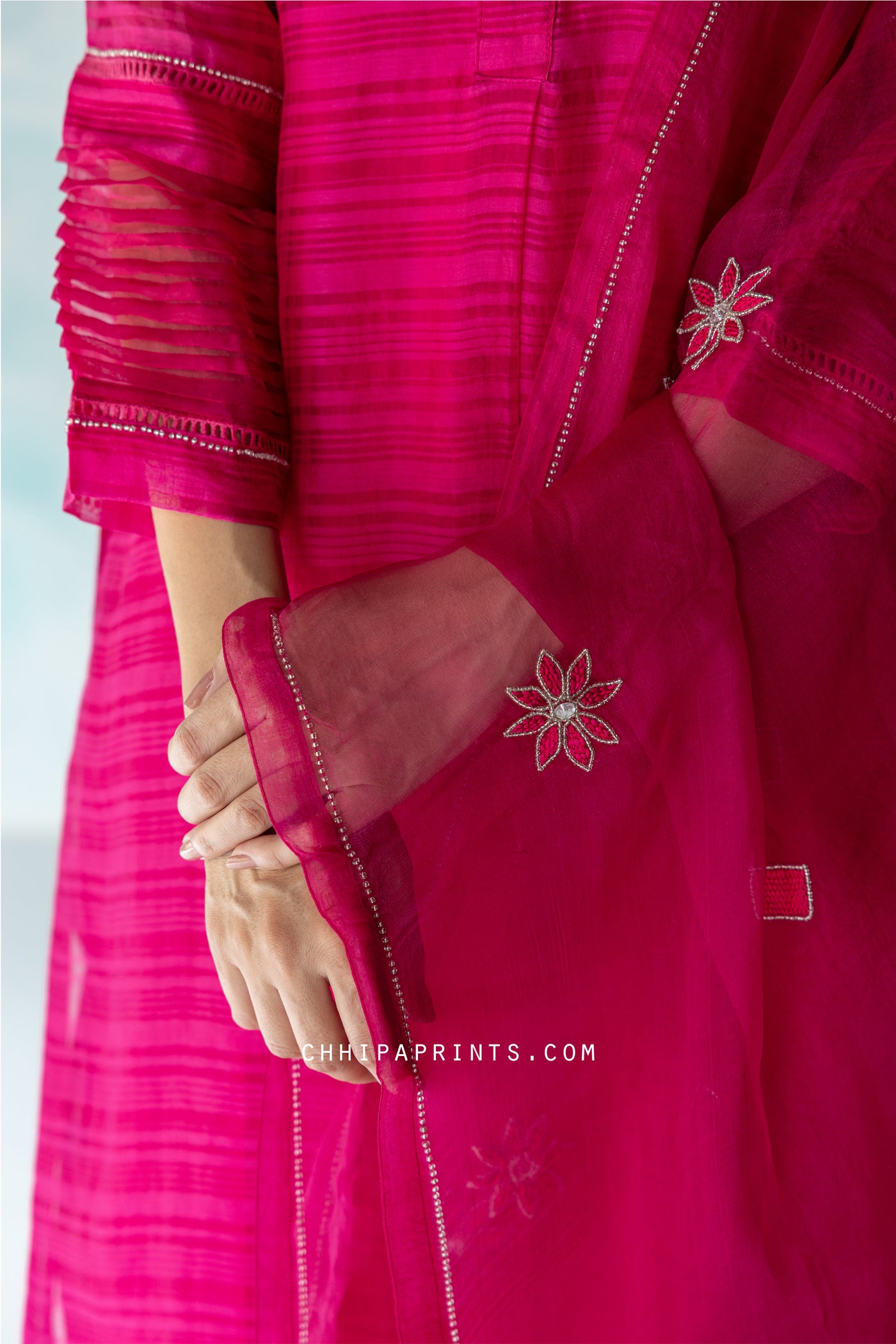 Chanderi SIlk Checks Hand Embroidered Kurta Set in Rani Pink