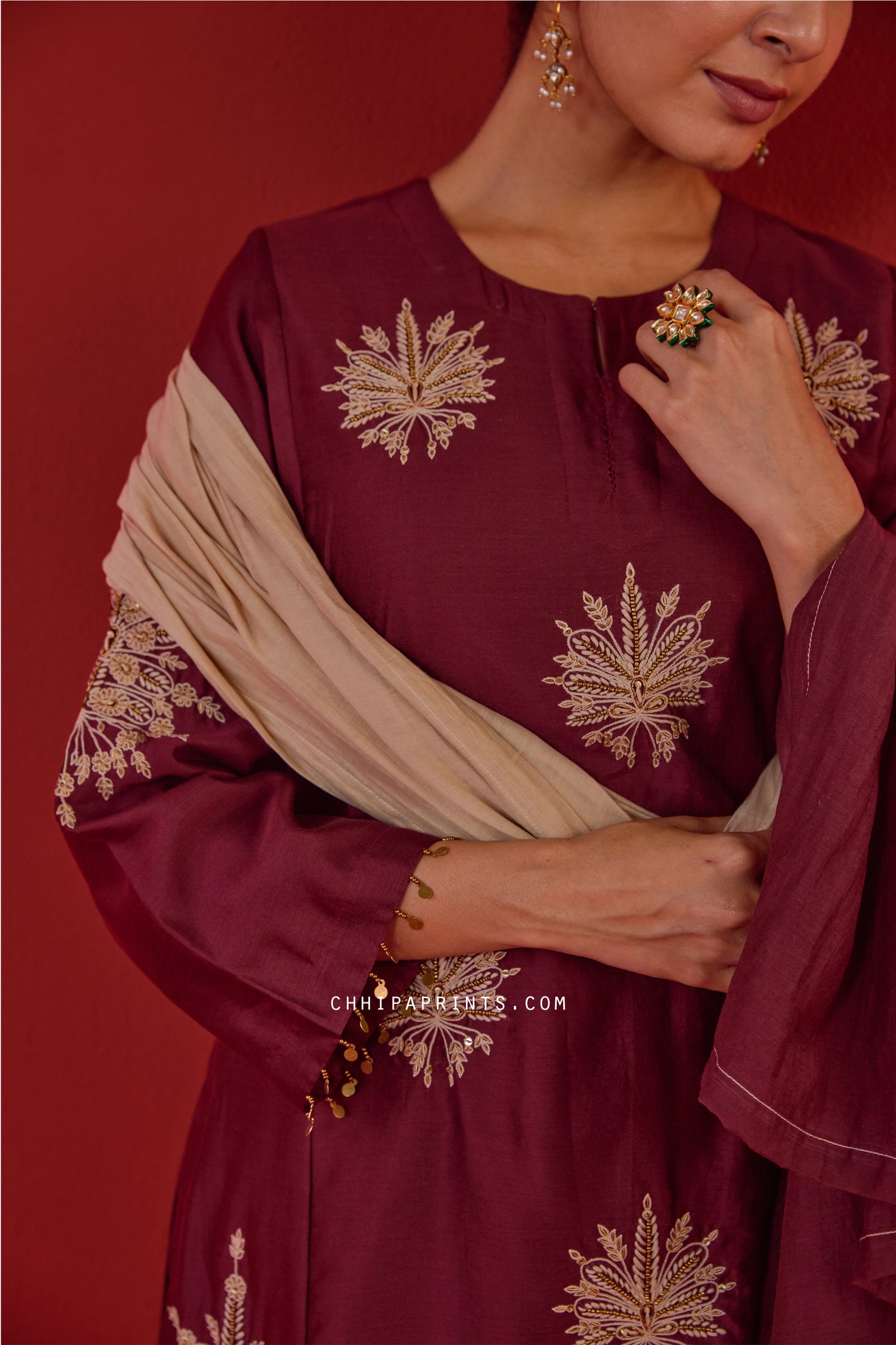 Chanderi Silk Hand Aari Embroidery Kurta Set in Burgundy