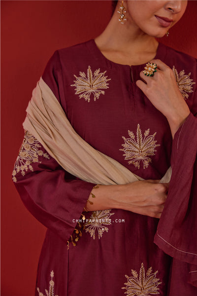 Chanderi Silk Hand Aari Embroidery Kurta Set in Burgundy