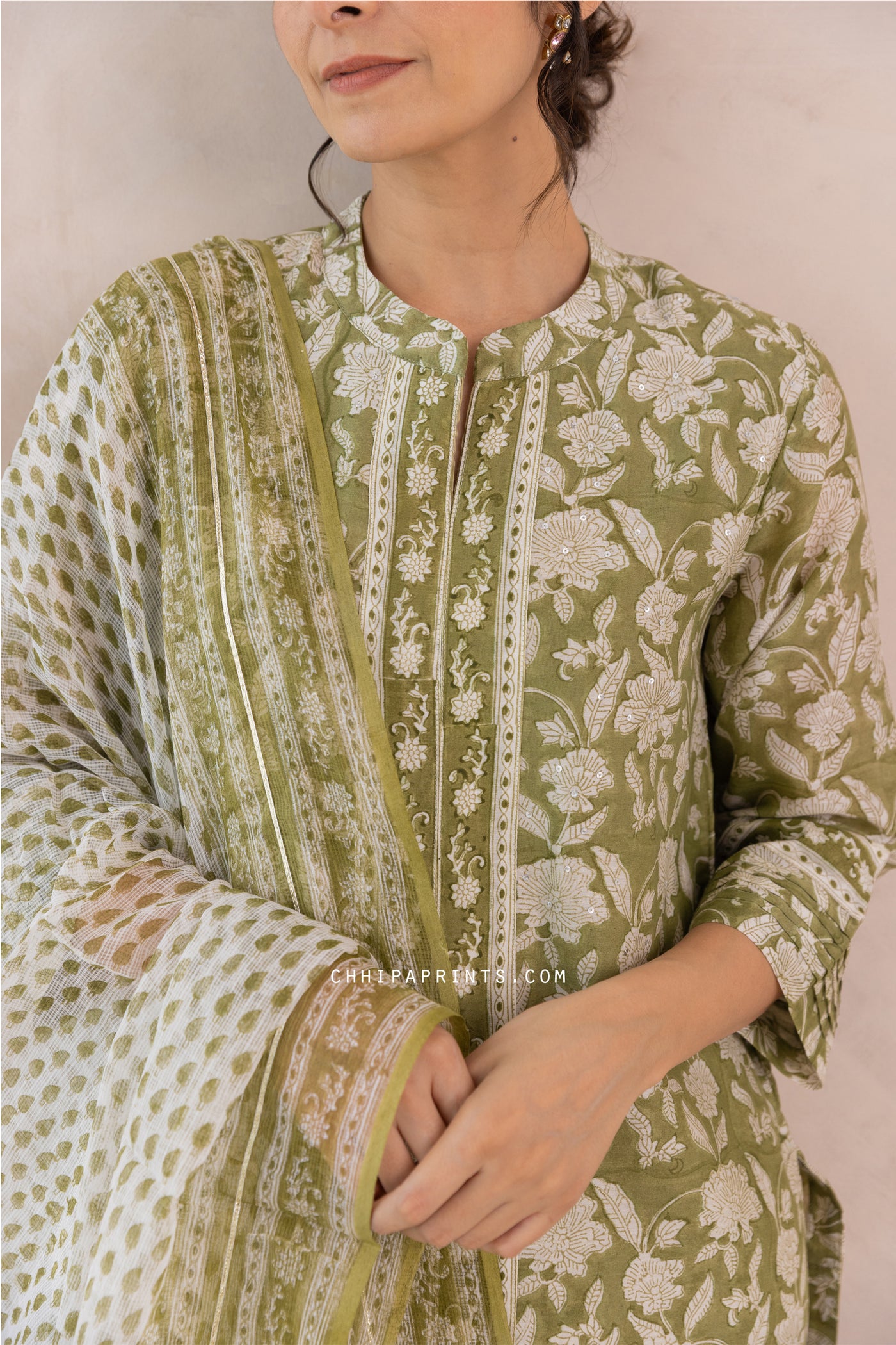 Chanderi Silk Block Print Jaal Kurta Set in Sage Green