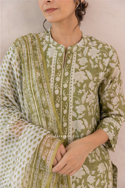 Chanderi Silk Block Print Jaal Kurta Set in Sage Green