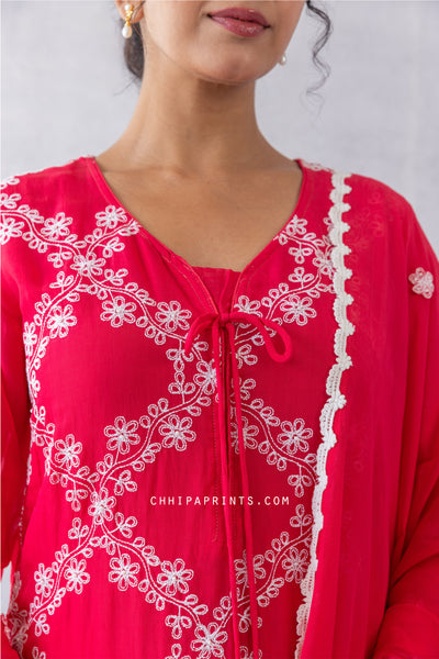 Organza Jaal Embroidery Kurta Set in Virtual Pink