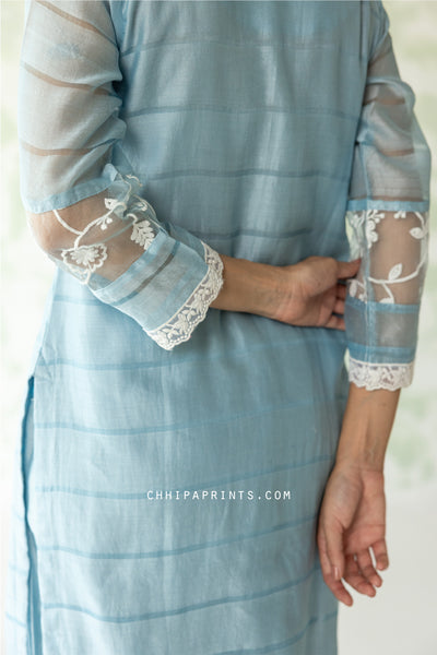 Chanderi Silk Stripe Kurta Set with Embroidery in Baby Blue