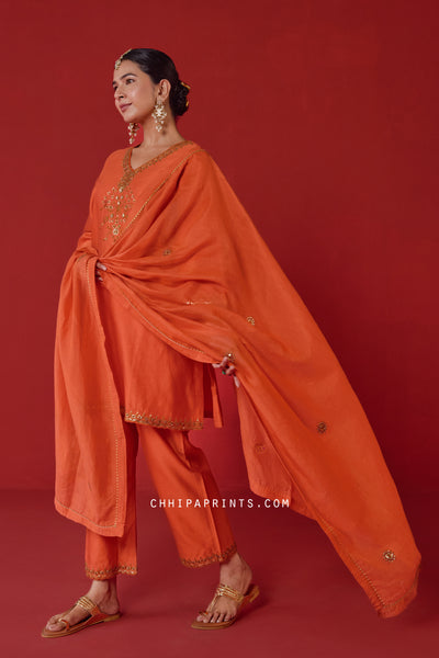 Chanderi Silk Marodi Embroidery Kurta Set in Gold Flame