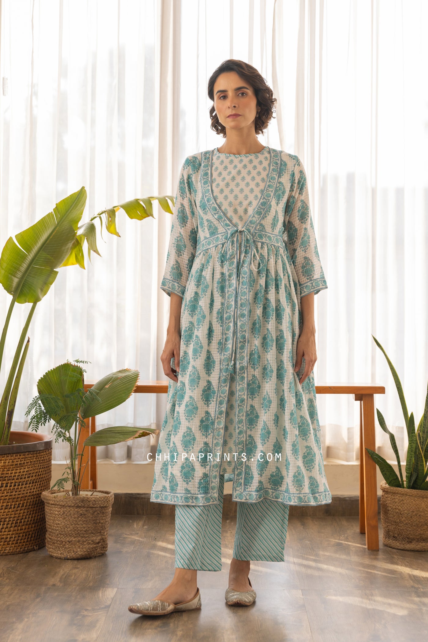 Cotton Mughal Bota Overlay Jacket with Inner and Pants Set in Pastel Turquoise
