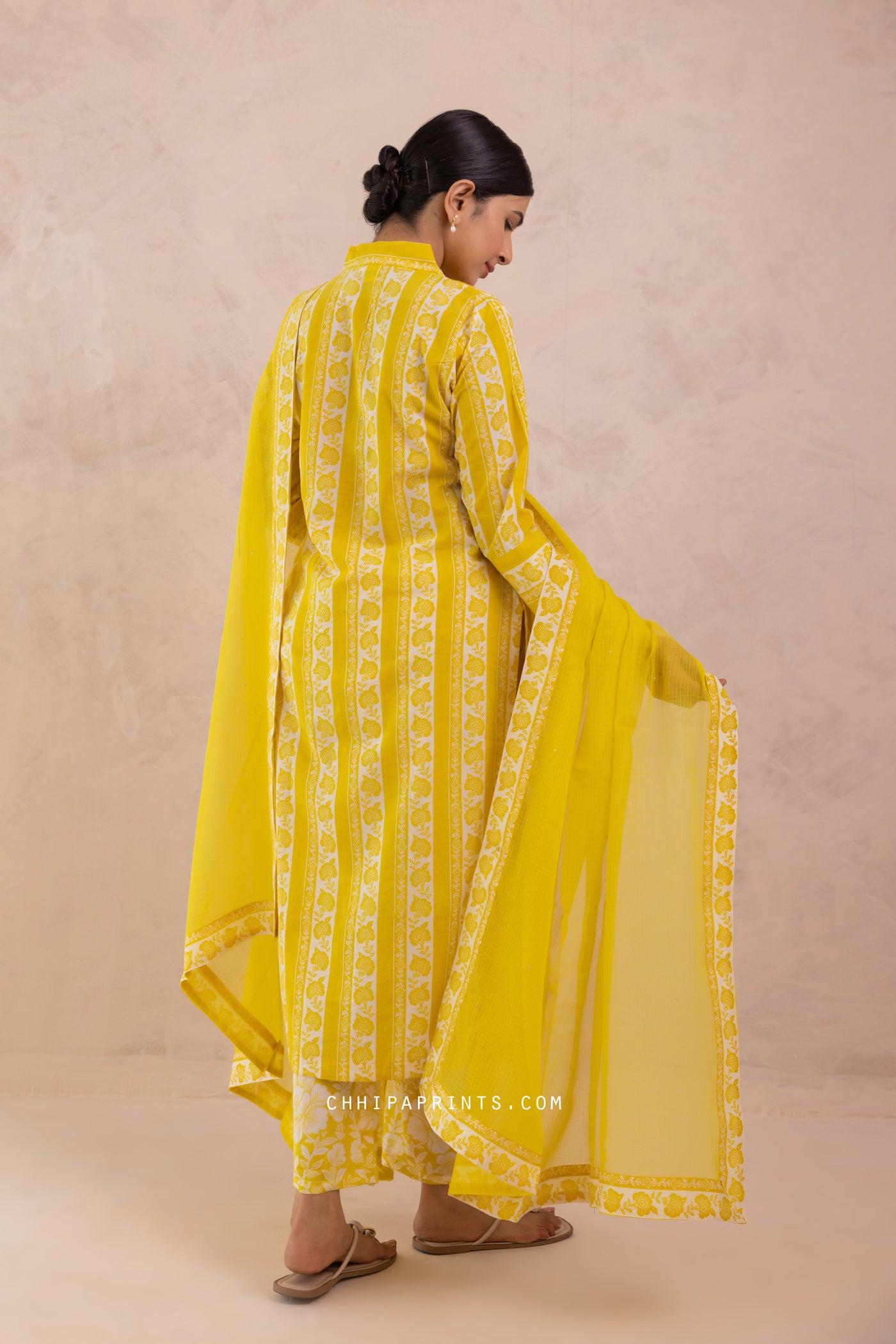 Cotton Floral Border Print Kurta Set in Sulphur Yellow