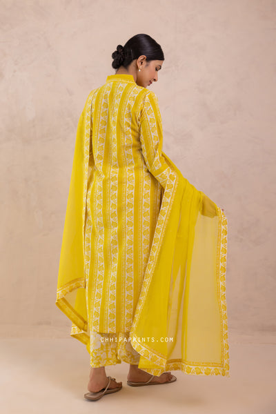 Cotton Floral Border Print Kurta Set in Sulphur Yellow