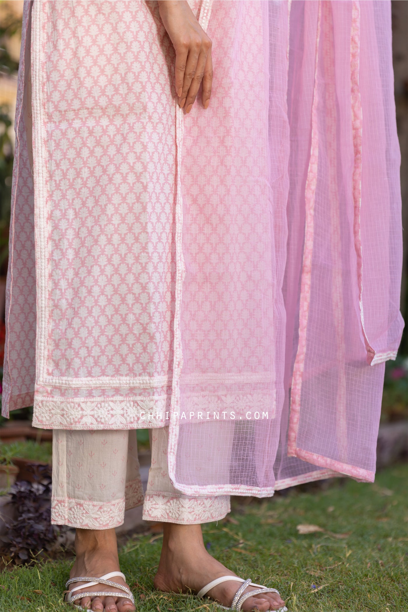 Cotton Gud Buti Embroidery Suit Set from Mehak Collection in Baby Pink (Set of 3)