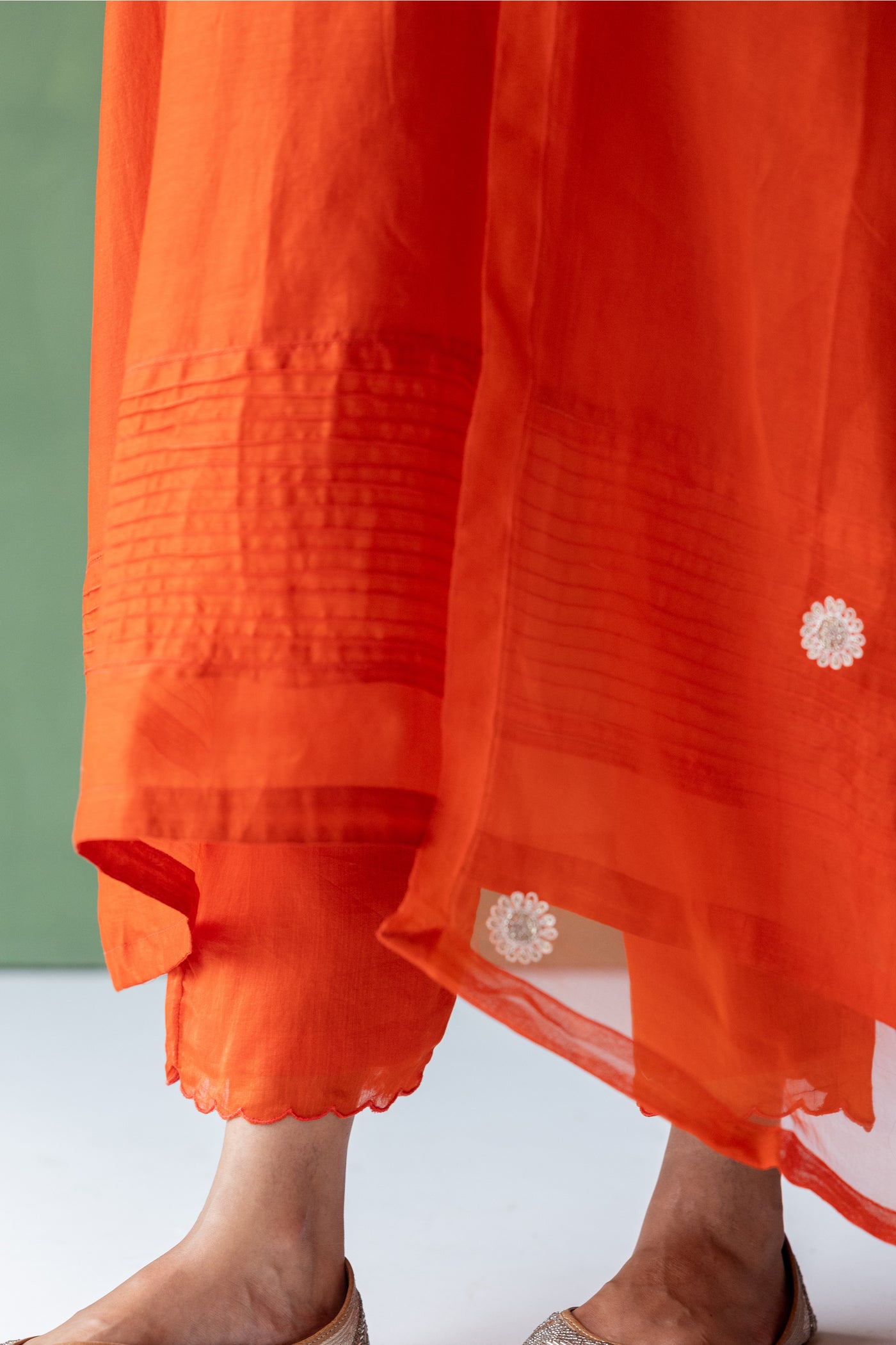 Chanderi SIlk Hand Embroidered Kurta Set in Fiery Orange