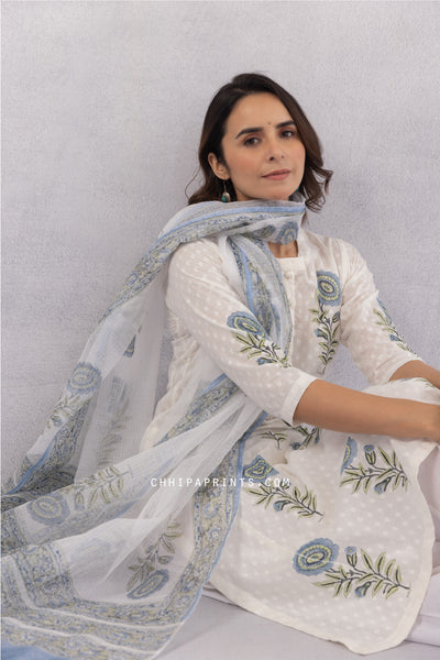 Cotton Dobby Block Print Boota Kurta Set in Powder Blue