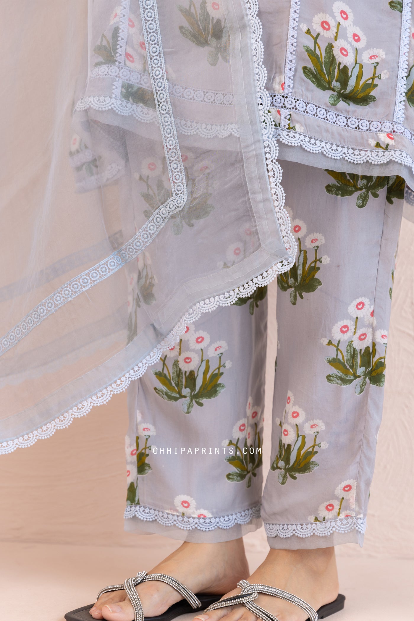 Organza Satin Printed Buta A line Kurta Set in Baby Blue