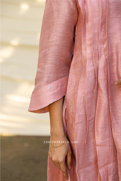 Satin Raw Silk Pleated A Line Kurta Set in Shades of Old Rose