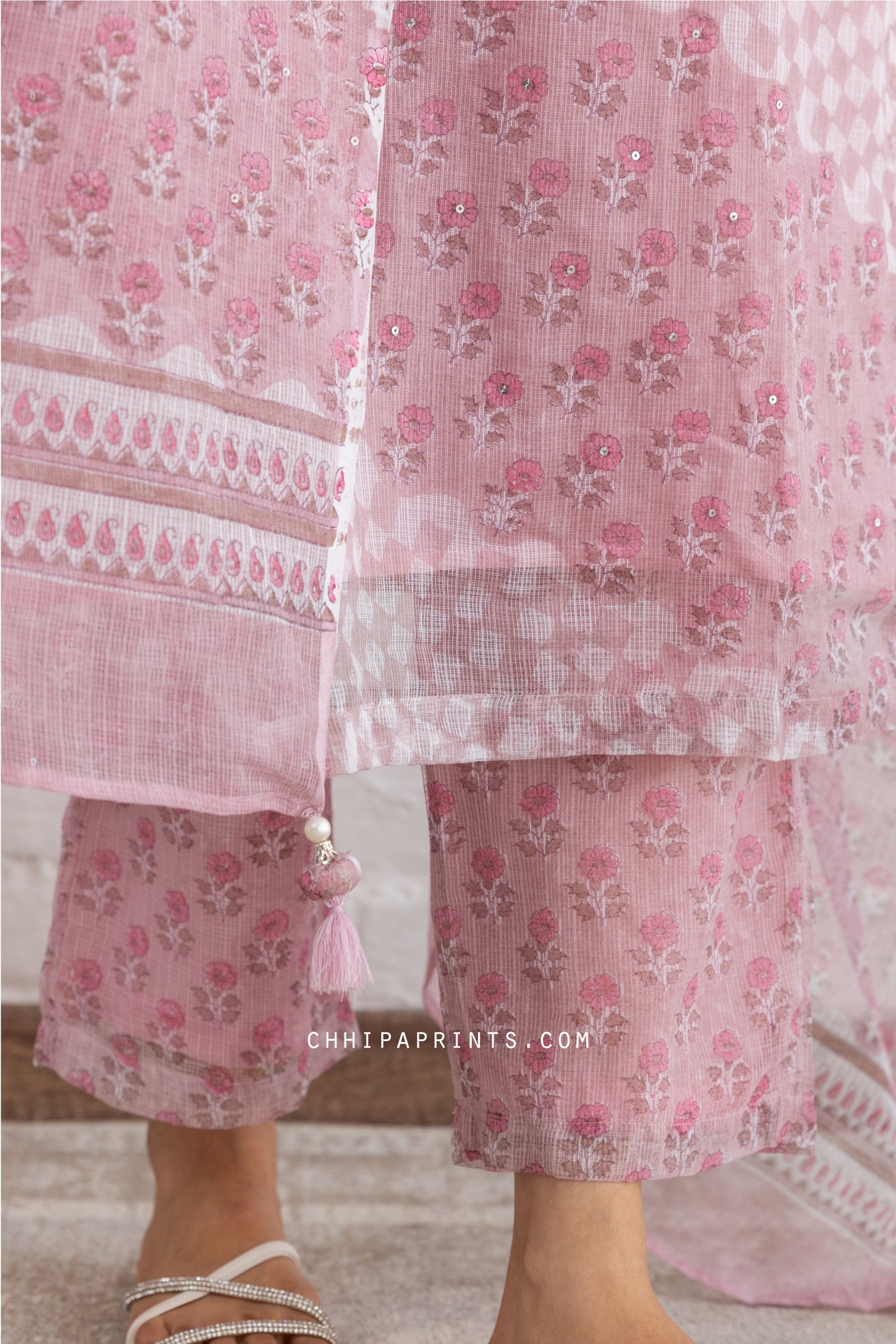 Kota Doria Block Print Bias Panel Suit Set in Mauve Pink