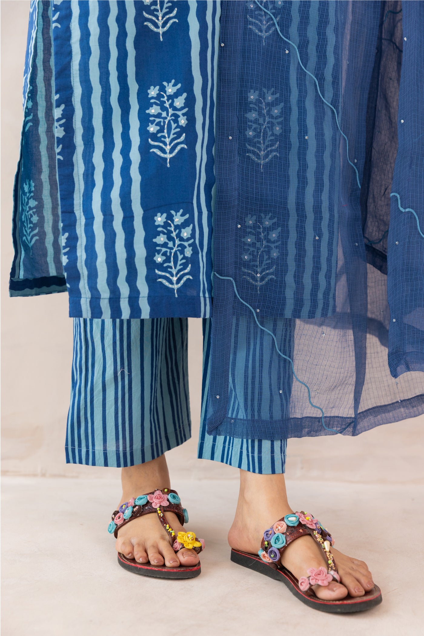 Cotton Buta Stripe Panel Print Kuta Set in Shades of Blue