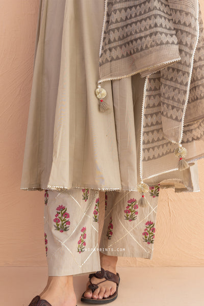 Cotton Block Print Matka Anarkali Kurta Set in Mushroom