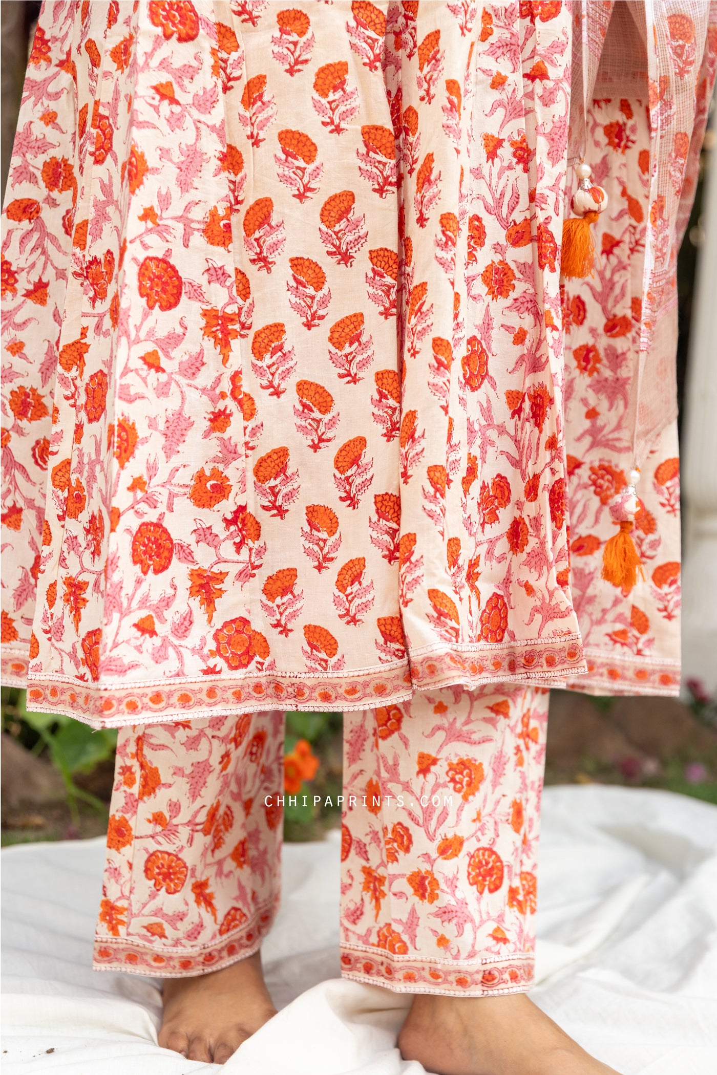 Cotton Block Print Buti & Jaal Kalidar Kurta Set in Shades of Pink & Orange
