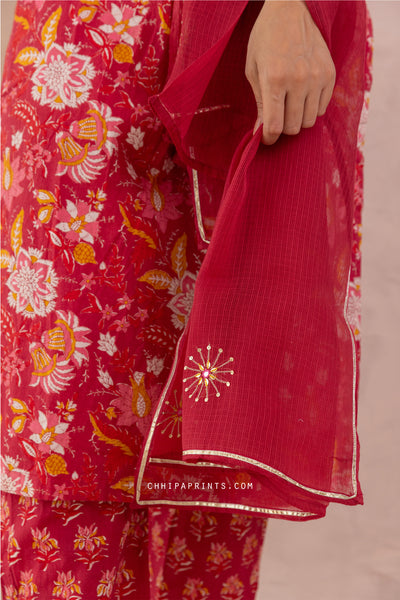 Cotton Mughal Jaal Print Kurta Set in Goji Berry Red