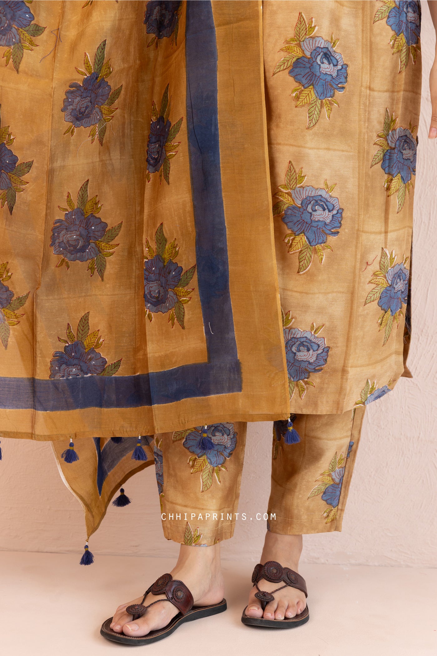 Chanderi Silk Block Print Gud Buta Kurta Set in Bronze Mist