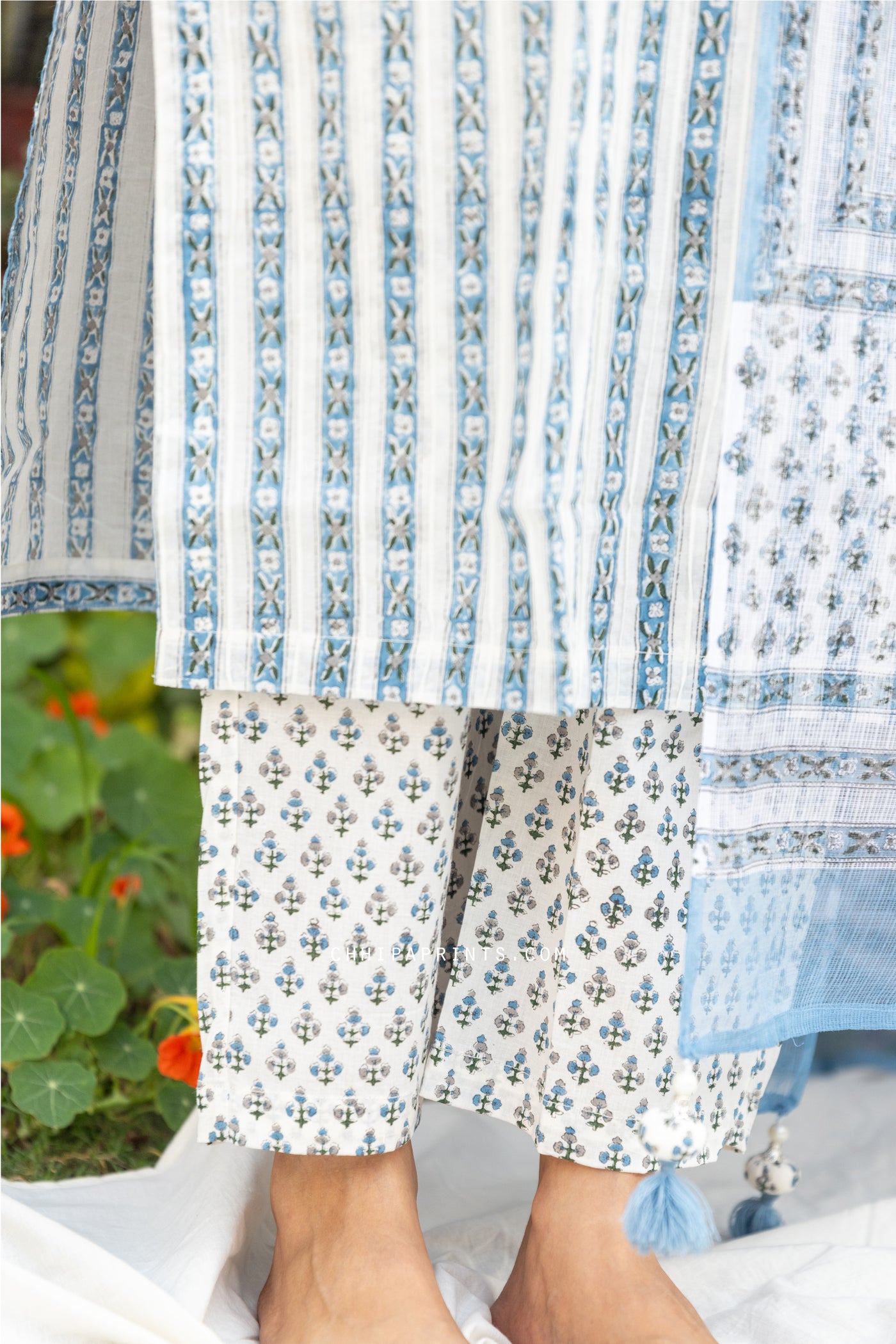 Cotton Block Print Parcha Border Kurta Set in Shades of Blue