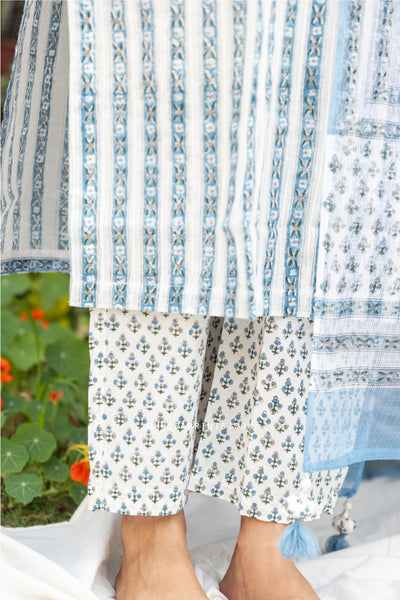 Cotton Block Print Parcha Border Kurta Set in Shades of Blue