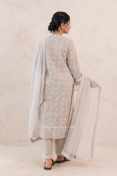 Cotton Multi Buti Embroidered Kurta Set in Mushroom Grey