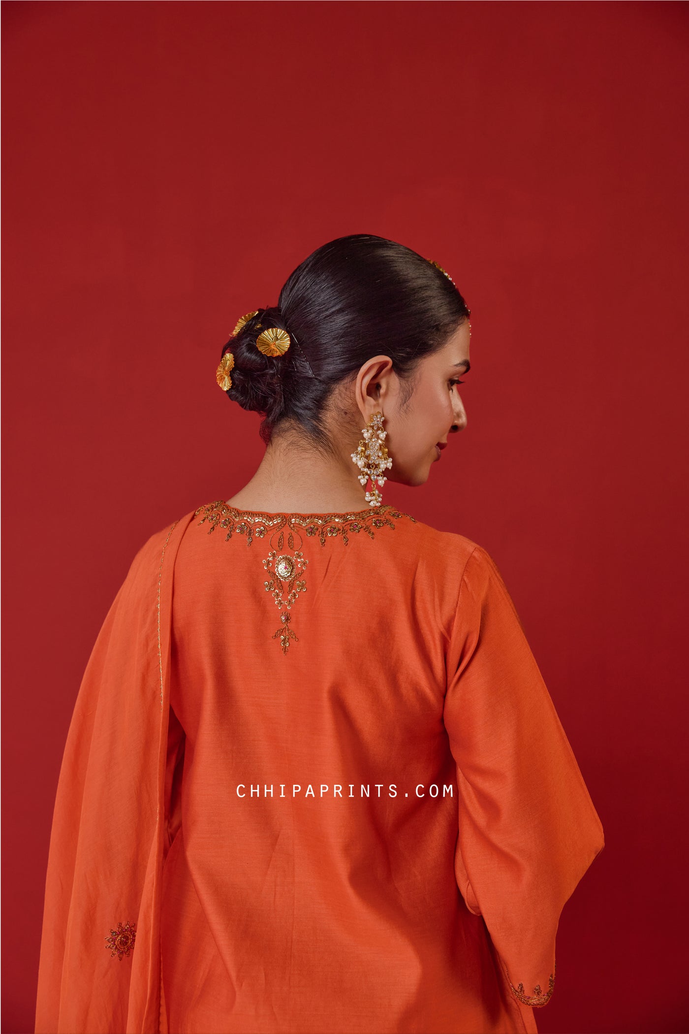 Chanderi Silk Marodi Embroidery Kurta Set in Gold Flame