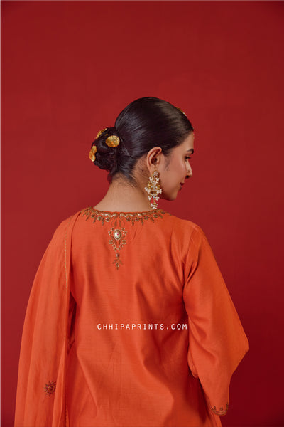 Chanderi Silk Marodi Embroidery Kurta Set in Gold Flame