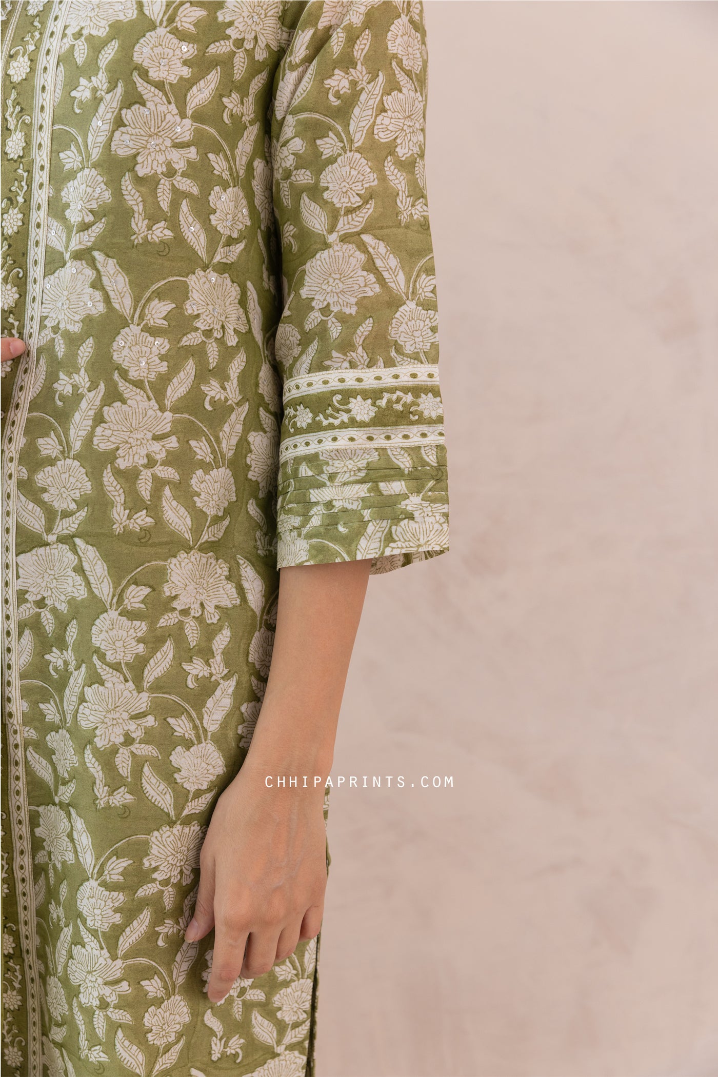 Chanderi Silk Block Print Jaal Kurta Set in Sage Green
