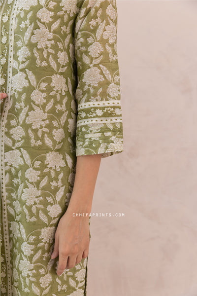 Chanderi Silk Block Print Jaal Kurta Set in Sage Green