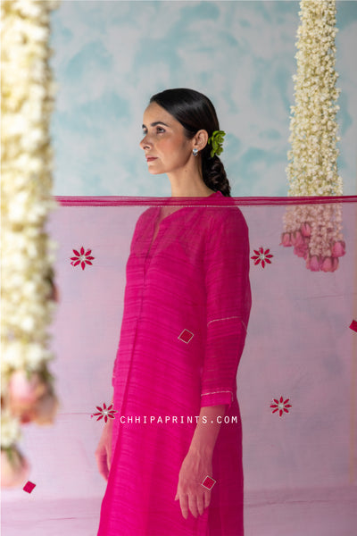 Chanderi SIlk Checks Hand Embroidered Kurta Set in Rani Pink