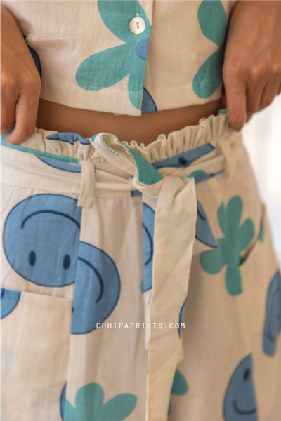 Cotton Smiley Print Co Ord Set in Shades of Blue & Green