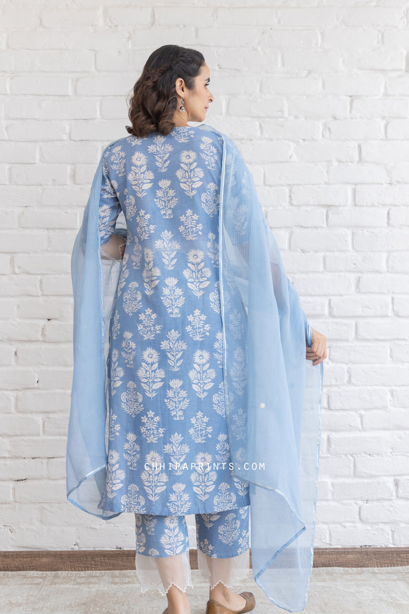 Cotton Mughal Buta Print Kurta Set in Powder Blue