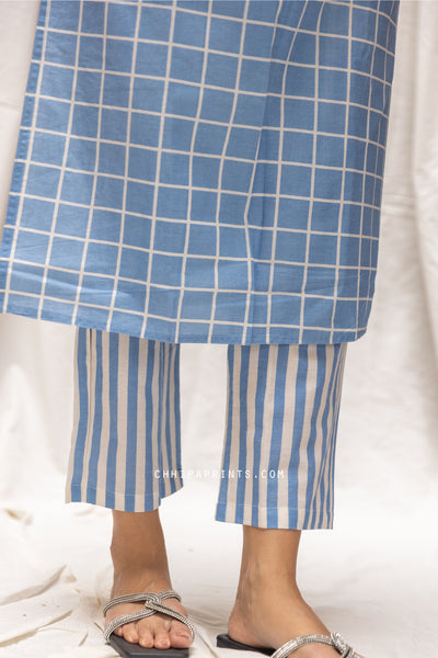 Cotton Checks Print Kurta & Stripe Pants Co Ord Set in Baby Blue