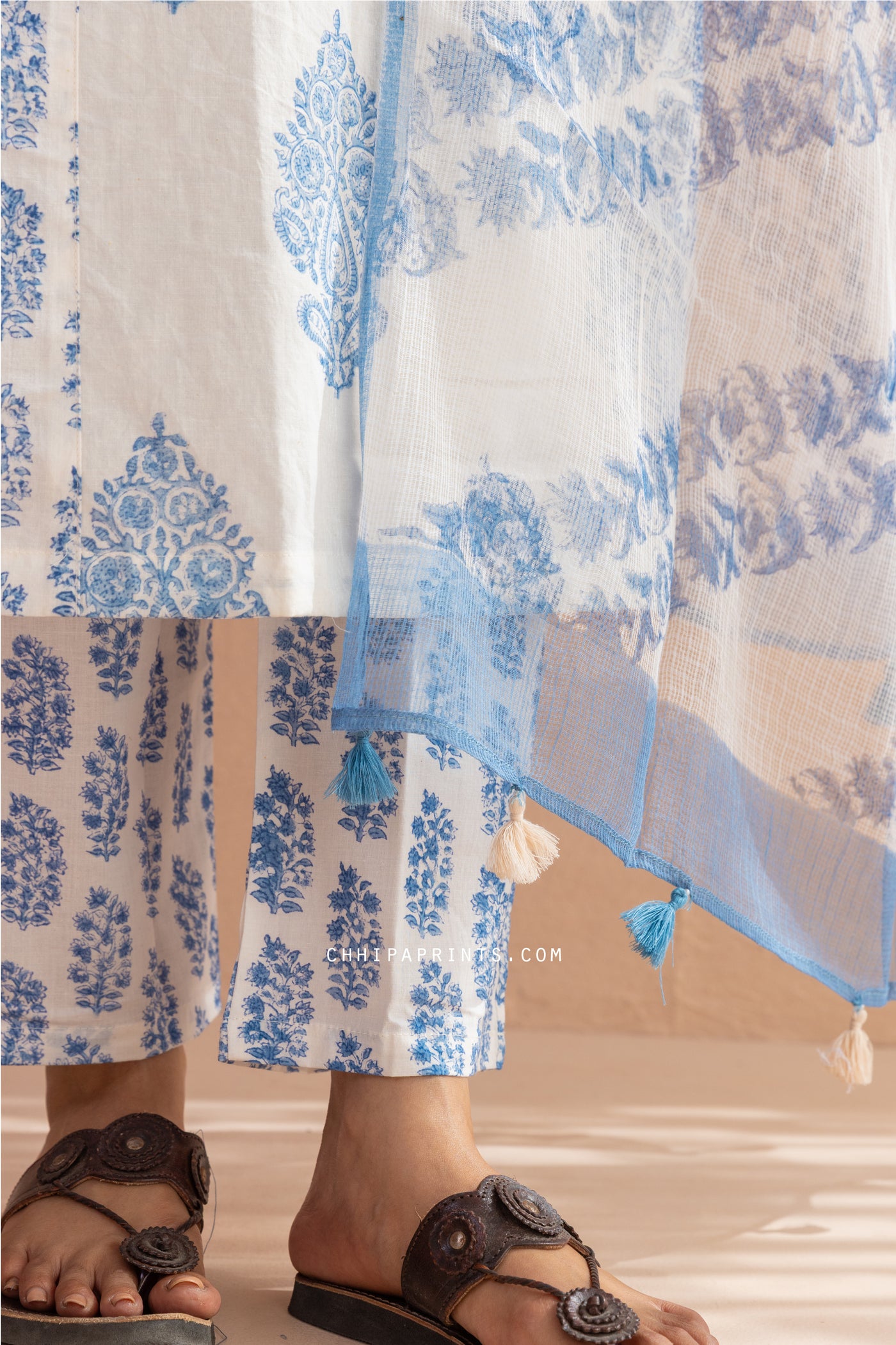 Cotton Block Print Buta & Buti Kurta Set in Powder Blue
