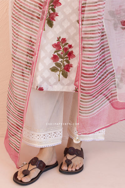 Chanderi Silk Dobby Block Print Chintz Kurta Set in Berry Red
